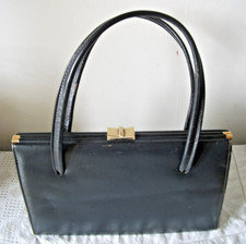 1950's VINTAGE ACKERY of LONDON LEATHER NAVY BLUE TOP HANDLE HANDBAG