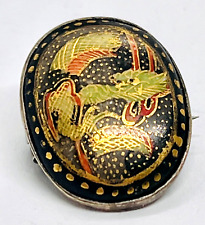 Signed Antique Meiji  Japanese Satsuma Hand Painted, Gilded Porcelain Button Pin