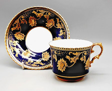 Antique English Porcelain Aynsley Dark Blue with Raised Gilding Tea Cup & Saucer