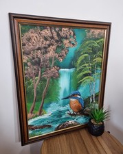 VINTAGE Oil Painting On Canvas Kingfisher Bird Signed DAVY Waterfall Framed
