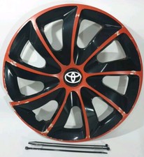1x QUAD 15" TOYOTA Badged  Universal Wheel Trim/Hub Cap,Cover Black/Orange&Ties