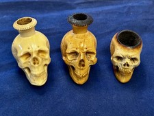 RARE SET 3 X MEERSCHAUM SKULL PIPE CHEROOT & CIGARETTE HOLDER, MERMENTO MORI