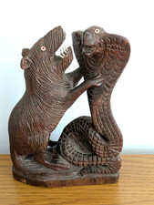 Mongoose & Cobra Snake Burma India Sculpture Figure Wood Carving Wooden Vintage