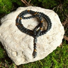 Lava Stone Mala Necklace with Stone Buddha Beads & Tiger’s Eye Yoga Meditation