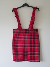 RED TARTAN CHECK 14 SKIRT BRACES SUSPENDERs BODYCON PUNK ROCK EMO pinafore