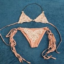 STUNNING NUDE PINK EMBELLISHED WHITE LACE DIAMANTE MULTI TIE TRIANGLE BIKINI LGE