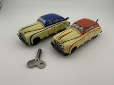 2 x Vintage British Made Tin Plate Clockwork Wind Up Cars - Red & Blue - Working