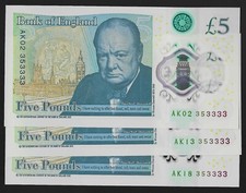 B414 THREE CLELAND 2016 FIVE POUND £5 BANKNOTE - UNC - AK02 AK13 AK18 353333