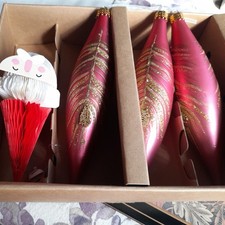 3 Vintage Glass Baubles icicle shape peacock motif plus 1 santa