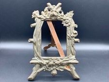 19th C Antique French Heavy Embossed Flowers Cast Iron Picture Photo Frame Easel