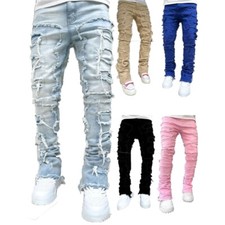 Mens Stacked Jeans Ripped Slim