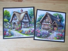 Set of 2  x CHARMING THATCHED COTTAGE /ENGLISH GARDEN  Hand Made Card Toppers 