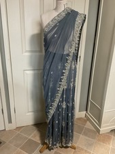 Beautiful Grey And Silver Rhinestone Embroidered Chiffon Net Ready To Wear Sari