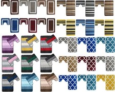 2 Piece Set 3D Stripe Bathroom Bath & Pedestal Toilet Mat Blue Grey Anti-Slip