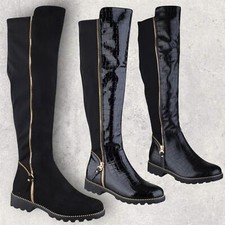 LADIES WOMENS FLAT LOW BLOCK HEEL KNEE HIGH STRETCH ZIP UP BOOTS SHOES SIZE