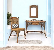 VINTAGE RATTAN WICKER DRESSING TABLE / DESK CHAIR MIRROR TIKI BOHO CANE BAMBOO