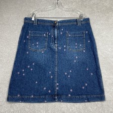 White Stuff Denim Knee Length Skirt Embroidered Pink Flowers Women’s Size UK18