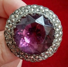 Vintage Silver Tone Open Back Purple Glass Stone Marcasite Surround Brooch