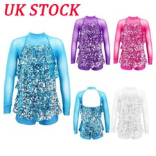 Girls Shiny Sequins Leotard Dress Tiered Tassel Hip Hop Jazz Latin Dance Costume