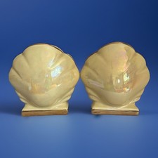 Sadler June clam Vases Retro yellow Opalescent Lustre ware Gold Gilt shell pair 