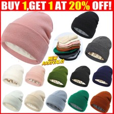 Warm Winter Knitted Hat Women Beanie Cap Plush Silk Satin Lined Thick Outdoor