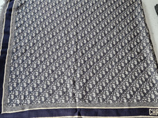 DIOR OBLIQUE Wool(42%) Silk (42%) Blue Square Fringe Shawl *AUTHENTIC*