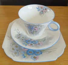 Vintage Art Deco Blue Shelley Floral Flowers Trio Cup & Saucer Tea Plate W12286 