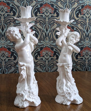 Pair of White Porcelain Cherub Candlestick Holders Blanc De Chine Style Vintage