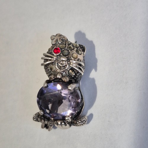 Vintage silver 925 cat brooch - silver,
