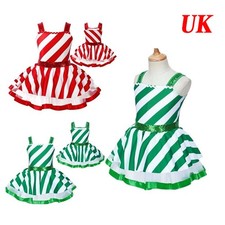 Kids Girls Christmas Candy Cane Costume Figure Ice Skating Dance Leotard Dress