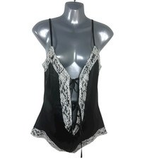 Black Satin Romper Playsuit White Lace Plunge Neck Women’s UK Size 14