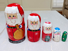 Set of 5 Handpainted Russian Nesting Dolls Santa Snowman Wooden Christmas Tree