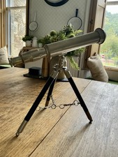 Antique Reproduction Table Top Nautical Silver Telescope Black Wood Tripod Legs