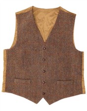 HARRIS TWEED Mens Waistcoat XL Brown Herringbone Wool AD03