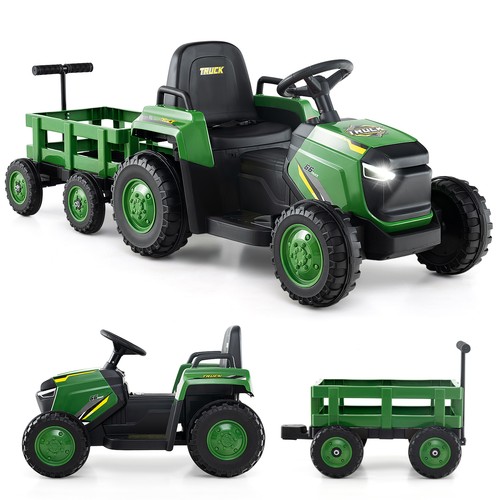 Kids ride tractor with - on,