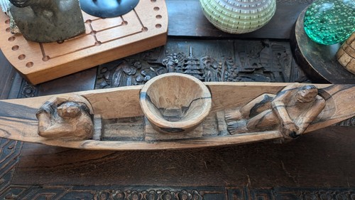Large hand carved wooden canoe - carved,