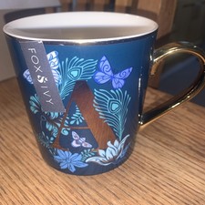 FOX & IVY - Gold/Teal Floral Butterflies Alphabet Initial/Letter “A” Mug New