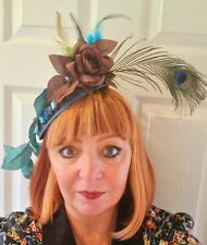 Peacock Statement Hatinator. Wool And Feather Percher In Teal And Chocolate.