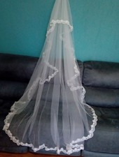 white wedding veil 2 tier chapel length lace edge V623
