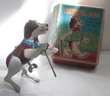 Vintage Mechanical Cheerful Dog w/ Jumping Action Clockwork Tin Toy Endoh Japan