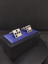 Sterling Silver & Black Enamel Square Cufflinks Presentation Box Vintage 14.5g