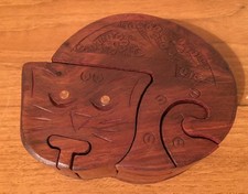 Vintage Wooden Carved Cat Puzzle Box Secret Compartment Trinket Storage Pot