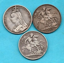 3 X 1889 SILVER CROWN COINS. QUEEN VICTORIA JUBILEE HEAD. JOB LOT.