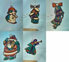 FIVE Russ Berrie ? Hanging STAINED GLASS CHRISTMAS TREE Figures Suncatcher