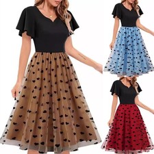 Women's Mesh Hearts V Neck Vintage 1940s Evening Party Skater Dress Dresses SIZE