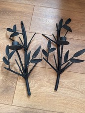 Pair of Vintage Wrought Iron Wall Sconces Candle Holders Tree and Leaf Design