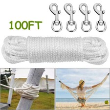 100ft 5MM White Flagpole Halyard Rope Flag Pole Rope Nylon Braided Cord +4 hooks