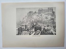 Old Antique Pencil Drawing Print 1927 Perambulator in Edinburgh Castle in Snow