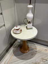 Vintage Retro Side Lamp Cup Table , Cream Grain Formica Top Stylish Wood Base 