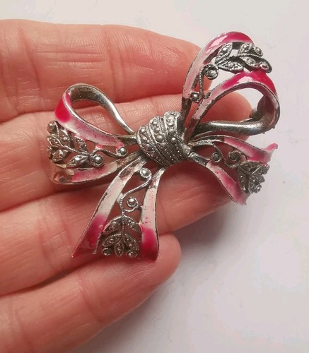 Vintage silver tone enamel bow - vintage,
